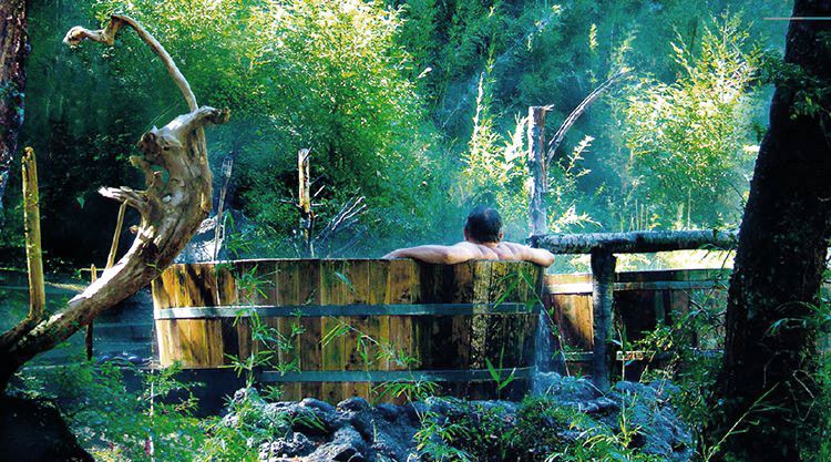 Hombre se baña en terma rustica en medio de bosque