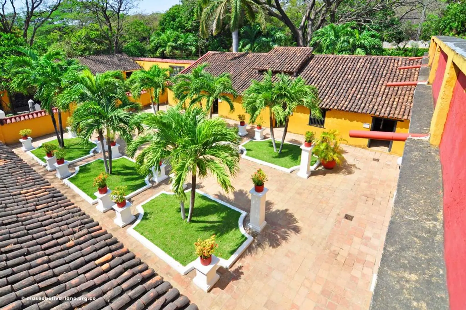 Edificio colonial amarilla entremedio de palmeras